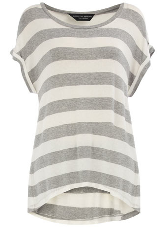 Grey/Ivory Roll Sleeve Knit - neckline: slash/boat neckline; pattern: horizontal stripes; length: below the bottom; style: standard; predominant colour: light grey; occasions: casual; fibres: cotton - 100%; material texture: jersey; back detail: longer hem at back than at front; sleeve length: short sleeve; sleeve style: standard; pattern type: knitted - other; pattern size: standard; texture group: jersey - stretchy/drapey