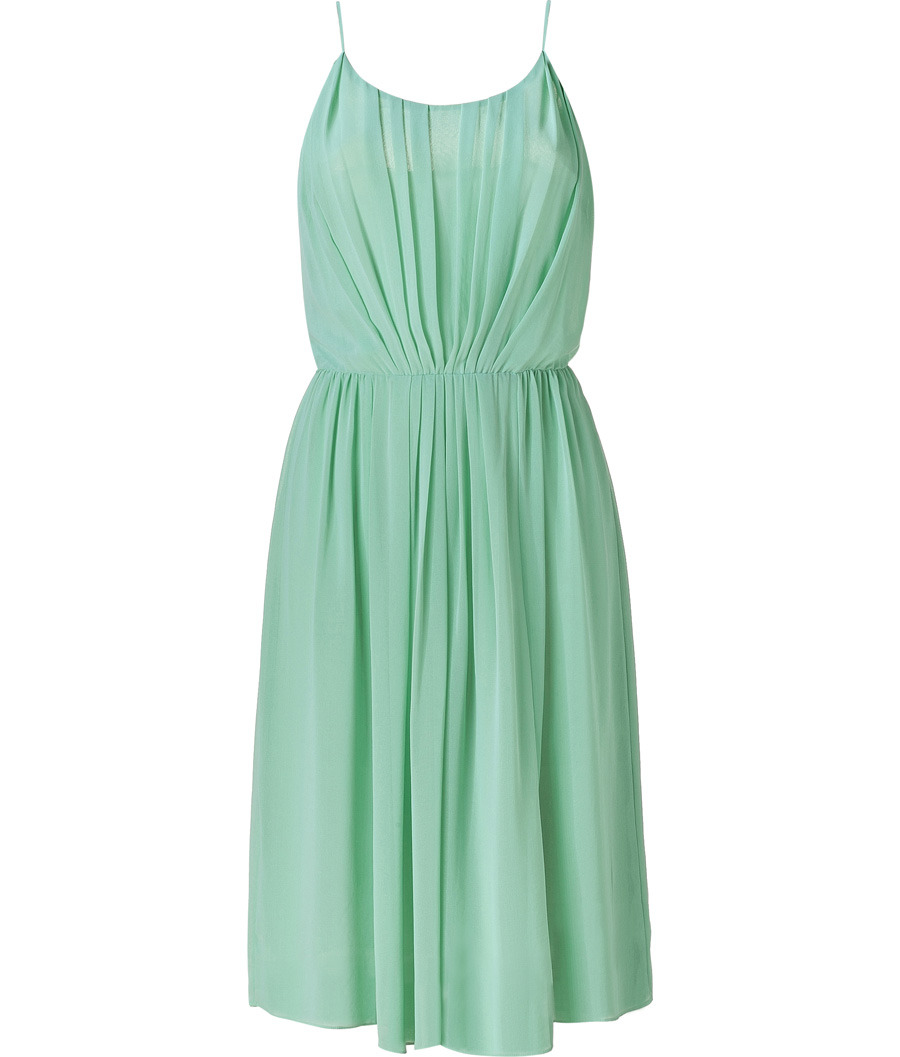 Pale Green Pleated Dress - style: shift; length: mid thigh; neckline: round neck; sleeve style: spaghetti straps; pattern: plain; waist detail: fitted waist; bust detail: ruching/gathering/draping/layers/pintuck pleats at bust; predominant colour: pistachio; occasions: casual, evening, occasion; fit: fitted at waist & bust; fibres: polyester/polyamide - 100%; material texture: chiffon; hip detail: soft pleats at hip/draping at hip/flared at hip; trends: pastels, aquatic; sleeve length: sleeveless; texture group: sheer fabrics/chiffon/organza etc.; pattern type: fabric; pattern size: standard