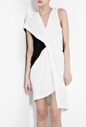 Sugar Fold Twist Dress - neckline: low v-neck; sleeve style: sleeveless; pattern: two-tone; waist detail: fitted waist, twist front waist detail/nipped in at waist on one side/soft pleats/draping/ruching/gathering waist detail; bust detail: ruching/gathering/draping/layers/pintuck pleats at bust; predominant colour: white; occasions: casual, evening; length: just above the knee; fit: body skimming; style: asymmetric (hem); fibres: polyester/polyamide - 100%; material texture: chiffon; hip detail: ruching/gathering at hip; sleeve length: sleeveless; texture group: sheer fabrics/chiffon/organza etc.; pattern type: fabric; pattern size: standard