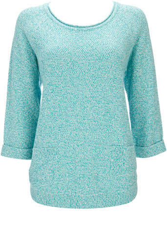Aqua Curve Hem Pocket Jumper - neckline: round neck; pattern: plain, lightly patterned, patterned/print; hip detail: side pockets at hip, added detail/embellishment at hip; style: standard; predominant colour: turquoise; occasions: casual, work; length: standard; fibres: cotton - 100%; material texture: jersey; fit: standard fit; trends: aquatic; sleeve length: long sleeve; sleeve style: standard; pattern type: knitted - other; pattern size: small & light; texture group: jersey - stretchy/drapey
