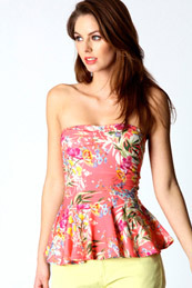 Christina Oriental Floral Peplum Top - neckline: strapless (straight/sweetheart); pattern: lightly patterned, print, patterned/print; sleeve style: strapless; waist detail: fitted waist, peplum waist detail; back detail: low cut/open back; hip detail: fitted at hip; predominant colour: pink; occasions: casual; length: standard; style: top; fibres: cotton - stretch; material texture: sateen; fit: body skimming; trends: prints; sleeve length: sleeveless; texture group: structured shiny - satin/tafetta/silk etc.; pattern type: fabric; pattern size: light/subtle