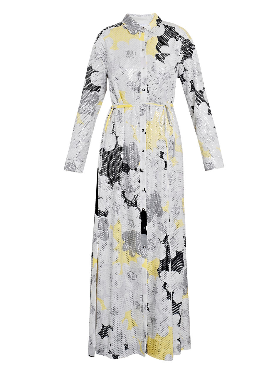 Laramie Dress - neckline: shirt collar/peter pan/zip with opening; pattern: plain; style: maxi dress; length: ankle length; waist detail: fitted waist, belted waist/tie at waist/drawstring; bust detail: buttons at bust (in middle at breastbone)/zip detail at bust; occasions: evening, work, occasion; fit: body skimming; fibres: cotton - mix; material texture: chiffon; hip detail: structured pleats at hip; predominant colour: multicoloured; trends: pastels, prints, sports luxe; sleeve length: long sleeve; sleeve style: standard; texture group: sheer fabrics/chiffon/organza etc.; pattern type: fabric; pattern size: big & busy; embellishment: sequins