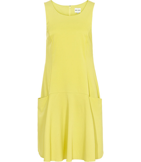 Maeve Parachute Day Dress - style: shift; length: mid thigh; neckline: round neck; pattern: plain; sleeve style: sleeveless; hip detail: side pockets at hip, front pockets at hip, soft pleats at hip/draping at hip/flared at hip; predominant colour: yellow; occasions: casual, evening; fit: soft a-line; fibres: cotton - mix; material texture: taffeta; trends: brights; sleeve length: sleeveless; texture group: structured shiny - satin/tafetta/silk etc.; pattern type: fabric; pattern size: standard