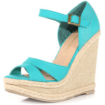 Aqua Split Wedges. - predominant colour: turquoise; material: fabric; heel height: high; embellishment: buckles; ankle detail: ankle strap; heel: wedge; toe: open toe/peeptoe; style: strappy