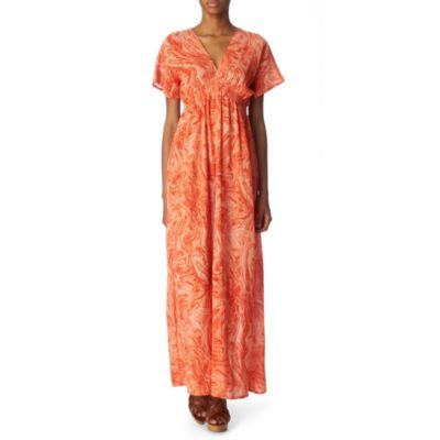 Marbled Maxi Dress - neckline: v-neck; fit: empire; style: maxi dress; pattern: print, patterned/print; waist detail: elasticated waist, fitted waist; occasions: casual, occasion; length: floor length; fibres: cotton - 100%; material texture: chiffon; hip detail: soft pleats at hip/draping at hip/flared at hip; predominant colour: multicoloured; trends: prints, brights; sleeve length: short sleeve; sleeve style: standard; texture group: sheer fabrics/chiffon/organza etc.; pattern type: fabric; pattern size: standard