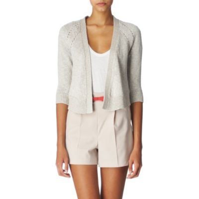 Sparkle Cardigan - pattern: plain, metallic; neckline: collarless open; back detail: contrast pattern/fabric at back; predominant colour: light grey; occasions: casual, evening, work; length: standard; style: standard; fibres: cotton - mix; material texture: metallic; fit: standard fit; trends: aquatic; sleeve length: 3/4 length; sleeve style: standard; pattern type: knitted - other; pattern size: standard