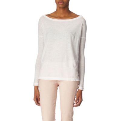 Cotton Blend Top - neckline: slash/boat neckline; pattern: plain; predominant colour: ivory; occasions: casual; length: standard; style: top; fibres: cotton - mix; material texture: jersey; fit: loose; trends: white; sleeve length: long sleeve; sleeve style: standard; pattern type: fabric; pattern size: standard; texture group: jersey - stretchy/drapey