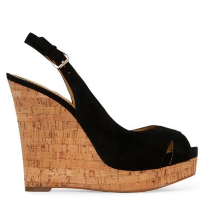 Laffnplay Wedges - predominant colour: black; material: suede; heel height: high; heel: wedge; toe: open toe/peeptoe; style: slingbacks