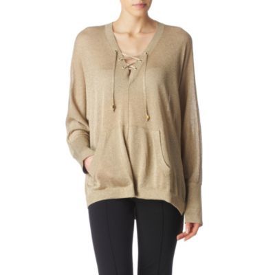 Metallic Jumper - neckline: low v-neck; pattern: plain, metallic; bust detail: added detail/embellishment at bust; hip detail: side pockets at hip; length: below the bottom; style: fine knit; predominant colour: champagne; occasions: casual; fibres: polyester/polyamide - mix; material texture: metallic; fit: loose; trends: aquatic; sleeve length: long sleeve; sleeve style: standard; pattern type: knitted - other; pattern size: standard