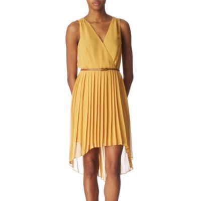 Pleated Dress - style: faux wrap/wrap; length: mid thigh; neckline: low v-neck; fit: fitted at waist; pattern: plain; sleeve style: sleeveless; waist detail: fitted waist, belted waist/tie at waist/drawstring; predominant colour: mustard; occasions: casual, evening, occasion; fibres: polyester/polyamide - 100%; material texture: chiffon; hip detail: structured pleats at hip, soft pleats at hip/draping at hip/flared at hip; back detail: longer hem at back than at front; sleeve length: sleeveless; texture group: sheer fabrics/chiffon/organza etc.; pattern type: fabric; pattern size: standard