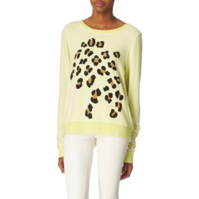 Leopard Jumper - neckline: slash/boat neckline; length: below the bottom; style: fine knit; pattern: big animal print, animal print; predominant colour: primrose yellow; occasions: casual; fibres: polyester/polyamide - mix; material texture: jersey; fit: standard fit; trends: pastels, prints; sleeve length: long sleeve; sleeve style: standard; pattern type: knitted - other; pattern size: big & busy; texture group: jersey - stretchy/drapey