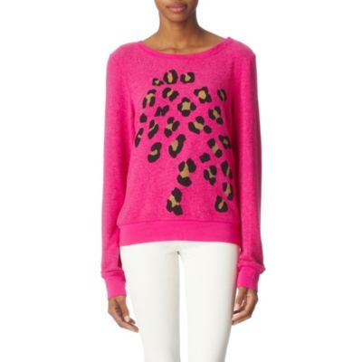 Leopard Jumper - neckline: slash/boat neckline; length: below the bottom; style: fine knit; pattern: big animal print, animal print; predominant colour: hot pink; occasions: casual; fibres: polyester/polyamide - mix; material texture: jersey; fit: standard fit; trends: prints, brights; sleeve length: long sleeve; sleeve style: standard; pattern type: knitted - other; pattern size: big & busy; texture group: jersey - stretchy/drapey
