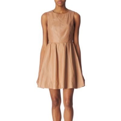 Leather Dress - style: shift; length: mid thigh; neckline: round neck; pattern: plain; sleeve style: sleeveless; waist detail: fitted waist, twist front waist detail/nipped in at waist on one side/soft pleats/draping/ruching/gathering waist detail; predominant colour: nude; occasions: casual, occasion; fit: body skimming; fibres: leather - 100%; material texture: calico; hip detail: ruching/gathering at hip; sleeve length: sleeveless; texture group: cotton feel fabrics; pattern type: fabric; pattern size: standard
