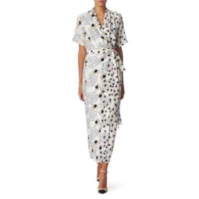 Glennis Wrap Dress - style: faux wrap/wrap; neckline: v-neck; fit: tailored/fitted; pattern: floral - busy, graphic print, florals, patterned/print; length: ankle length; waist detail: fitted waist, belted waist/tie at waist/drawstring; predominant colour: ivory; occasions: evening; fibres: silk - 100%; material texture: satin; trends: prints; sleeve length: half sleeve; sleeve style: standard; texture group: structured shiny - satin/tafetta/silk etc.; pattern type: fabric; pattern size: standard
