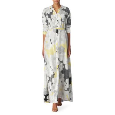 Laramie Sequinned Dress - style: shirt; neckline: shirt collar/peter pan/zip with opening; fit: loose; pattern: floral - busy, florals; waist detail: fitted waist, belted waist/tie at waist/drawstring; bust detail: buttons at bust (in middle at breastbone)/zip detail at bust; predominant colour: light grey; occasions: evening; length: floor length; fibres: silk - mix; material texture: metallic; hip detail: soft pleats at hip/draping at hip/flared at hip; trends: prints; sleeve length: 3/4 length; sleeve style: standard; pattern type: fabric; pattern size: small & busy