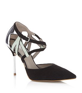 Amelia Suede Pump - predominant colour: black; material: suede; heel height: high; embellishment: animal print; ankle detail: ankle strap; heel: stiletto; toe: pointed toe; style: courts; pattern: animal print