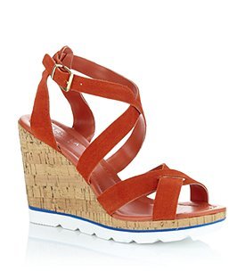 Kinder Suede Sandal - predominant colour: bright orange; material: suede; heel height: high; ankle detail: ankle strap; heel: wedge; toe: open toe/peeptoe; style: strappy