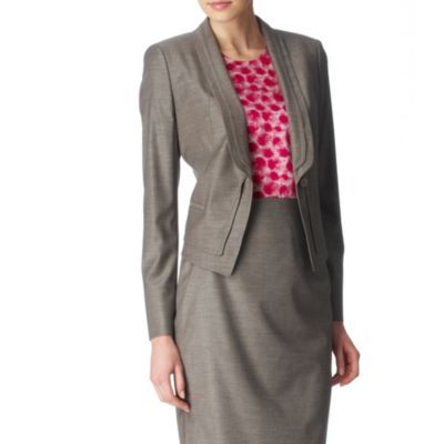 Jirina Jacket - pattern: plain; style: single breasted blazer; collar: shawl/waterfall; fit: slim fit; predominant colour: mid grey; occasions: work; length: standard; fibres: cotton - stretch; material texture: satin; sleeve length: long sleeve; sleeve style: standard; texture group: structured shiny - satin/tafetta/silk etc.; pattern type: fabric; pattern size: standard