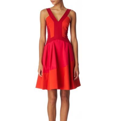 Contrast Dress - neckline: v-neck; fit: fitted at waist; sleeve style: sleeveless; pattern: two-tone; waist detail: fitted waist, twist front waist detail/nipped in at waist on one side/soft pleats/draping/ruching/gathering waist detail; back detail: low cut/open back; predominant colour: pink; occasions: evening; length: just above the knee; style: fit & flare; fibres: cotton - stretch; material texture: sateen; hip detail: structured pleats at hip; trends: brights; sleeve length: sleeveless; texture group: structured shiny - satin/tafetta/silk etc.; pattern type: fabric; pattern size: standard