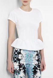 Neoprene Peplum Zip Back Couture T Shirt - neckline: round neck; sleeve style: capped; pattern: plain; waist detail: fitted waist, peplum waist detail; style: t-shirt; predominant colour: white; occasions: casual, evening, work; length: standard; fibres: cotton - mix; material texture: jersey; fit: tailored/fitted; trends: white; sleeve length: short sleeve; pattern type: fabric; pattern size: standard; texture group: jersey - stretchy/drapey