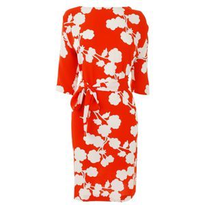 Floral Print Maja Dress - style: shift; neckline: slash/boat neckline; pattern: lightly patterned, patterned/print; waist detail: belted waist/tie at waist/drawstring; predominant colour: true red; occasions: casual, occasion; length: just above the knee; fit: body skimming; fibres: polyester/polyamide - 100%; material texture: chiffon; trends: prints; sleeve length: 3/4 length; sleeve style: standard; texture group: sheer fabrics/chiffon/organza etc.; pattern type: fabric; pattern size: small & light
