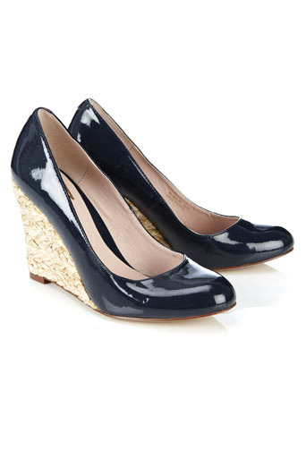Navy Patent Raffia Wedge - predominant colour: navy; material: faux leather; heel height: high; heel: wedge; toe: round toe