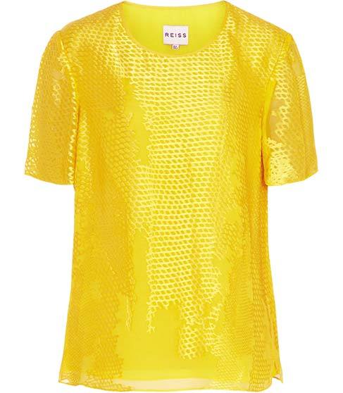 Saskia Long Burnout Top - neckline: round neck; pattern: lightly patterned, patterned/print; length: below the bottom; predominant colour: yellow; occasions: casual, evening; style: top; fibres: cotton - mix; material texture: chiffon; fit: loose; trends: brights; sleeve length: short sleeve; sleeve style: standard; texture group: sheer fabrics/chiffon/organza etc.; pattern type: fabric; pattern size: small & light