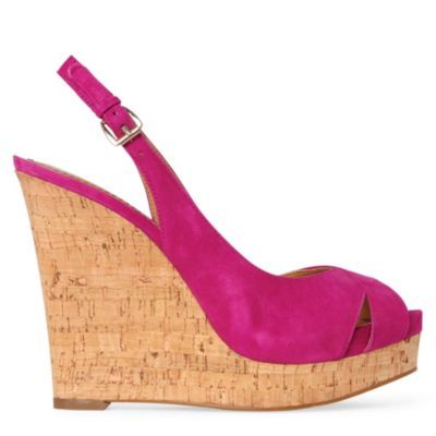 Laffnplay Wedges - predominant colour: hot pink; material: suede; heel height: high; heel: wedge; toe: open toe/peeptoe; style: slingbacks