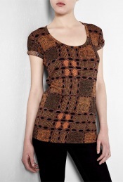 Orange Tribal Jersey T Shirt - pattern: checked/gingham, holey knit, abstract, patterned/print; waist detail: fitted waist; length: below the bottom; style: t-shirt; predominant colour: terracotta; occasions: casual; neckline: scoop; fibres: cotton - 100%; material texture: jersey; fit: tailored/fitted; trends: prints; sleeve length: short sleeve; sleeve style: standard; pattern type: knitted - other; pattern size: standard; texture group: jersey - stretchy/drapey