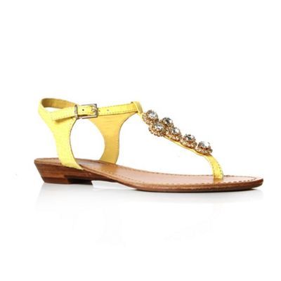Yellow Knack Sandals - predominant colour: primrose yellow; material: leather; heel height: mid; embellishment: buckles, jewels; ankle detail: ankle strap; heel: stack; toe: toe thongs; style: flip flops / toe post