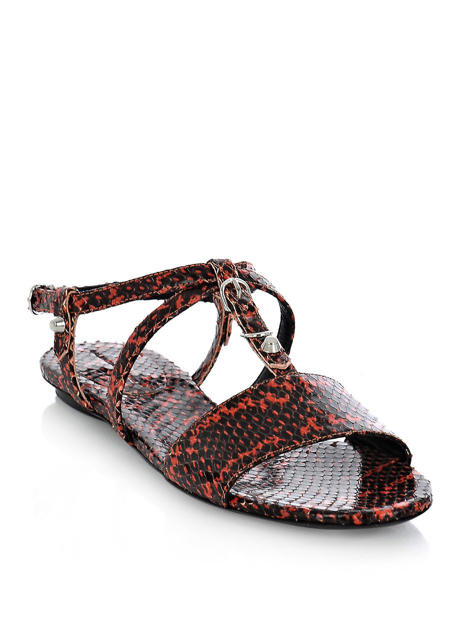 Polka Dot Snake Sandals - predominant colour: coral; material: leather; heel height: flat; embellishment: animal print, buckles, studs; ankle detail: ankle strap; heel: standard; toe: open toe/peeptoe; style: strappy; pattern: animal print