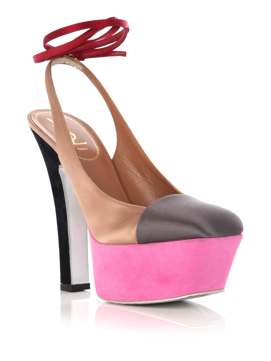 Obsession Shoes - predominant colour: multicoloured; material: satin; heel height: high; ankle detail: ankle tie; heel: platform; toe: round toe; style: slingbacks