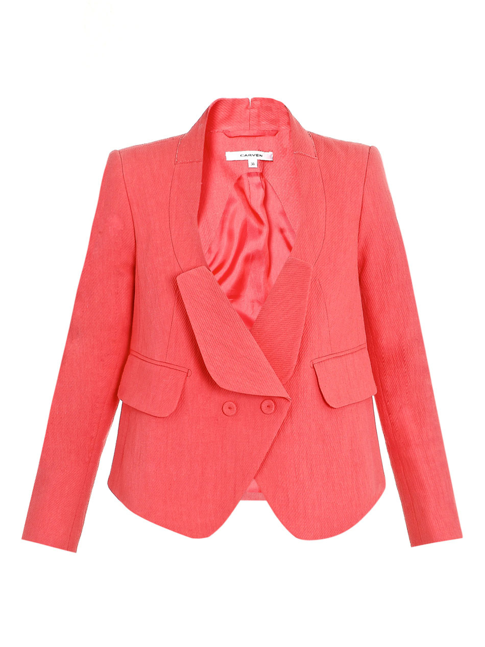 Cotton Linen Jacket - pattern: plain; style: double breasted blazer; shoulder detail: shoulder pads; collar: standard lapel/rever collar; predominant colour: coral; occasions: casual, work, occasion; length: standard; fit: straight cut (boxy); fibres: cotton - mix; material texture: calico; trends: pastels, brights; sleeve length: long sleeve; sleeve style: standard; texture group: cotton feel fabrics; collar break: medium; pattern type: fabric; pattern size: standard