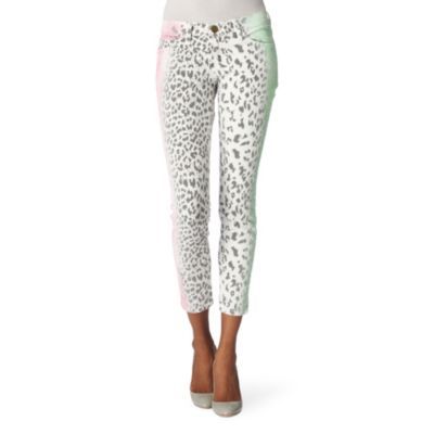 Leopard Print Skinny Jeans - style: skinny leg; pattern: big animal print, small animal print, animal print; pocket detail: traditional 5 pocket; waist: mid/regular rise; predominant colour: white; occasions: casual, evening; length: ankle length; fibres: cotton - stretch; material texture: denim; trends: pastels, prints; texture group: denim; pattern type: fabric; pattern size: small & busy