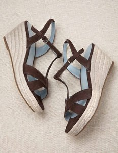 Summer Wedges - predominant colour: chocolate brown; material: suede; heel height: high; ankle detail: ankle strap; heel: wedge; toe: open toe/peeptoe; style: strappy