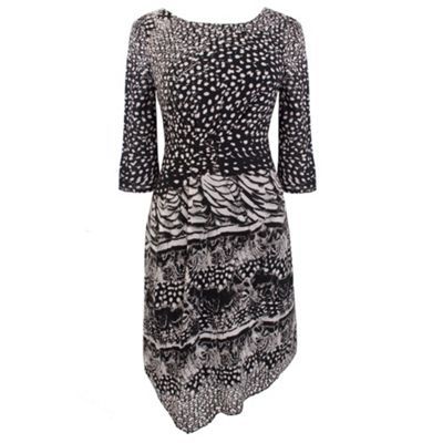 Feather Print Dress - neckline: round neck; fit: tailored/fitted; predominant colour: black; occasions: evening; length: just above the knee; style: asymmetric (hem); fibres: polyester/polyamide - 100%; material texture: chiffon; pattern: graphic print, patterned/print; trends: prints; sleeve length: 3/4 length; sleeve style: standard; texture group: sheer fabrics/chiffon/organza etc.; pattern type: fabric; pattern size: standard
