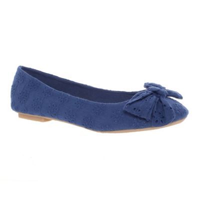 Navy Broderie Anglais Ballerinas With Bow Trim - predominant colour: navy; material: fabric; heel height: flat; embellishment: ribbon; toe: round toe; style: ballerinas / pumps