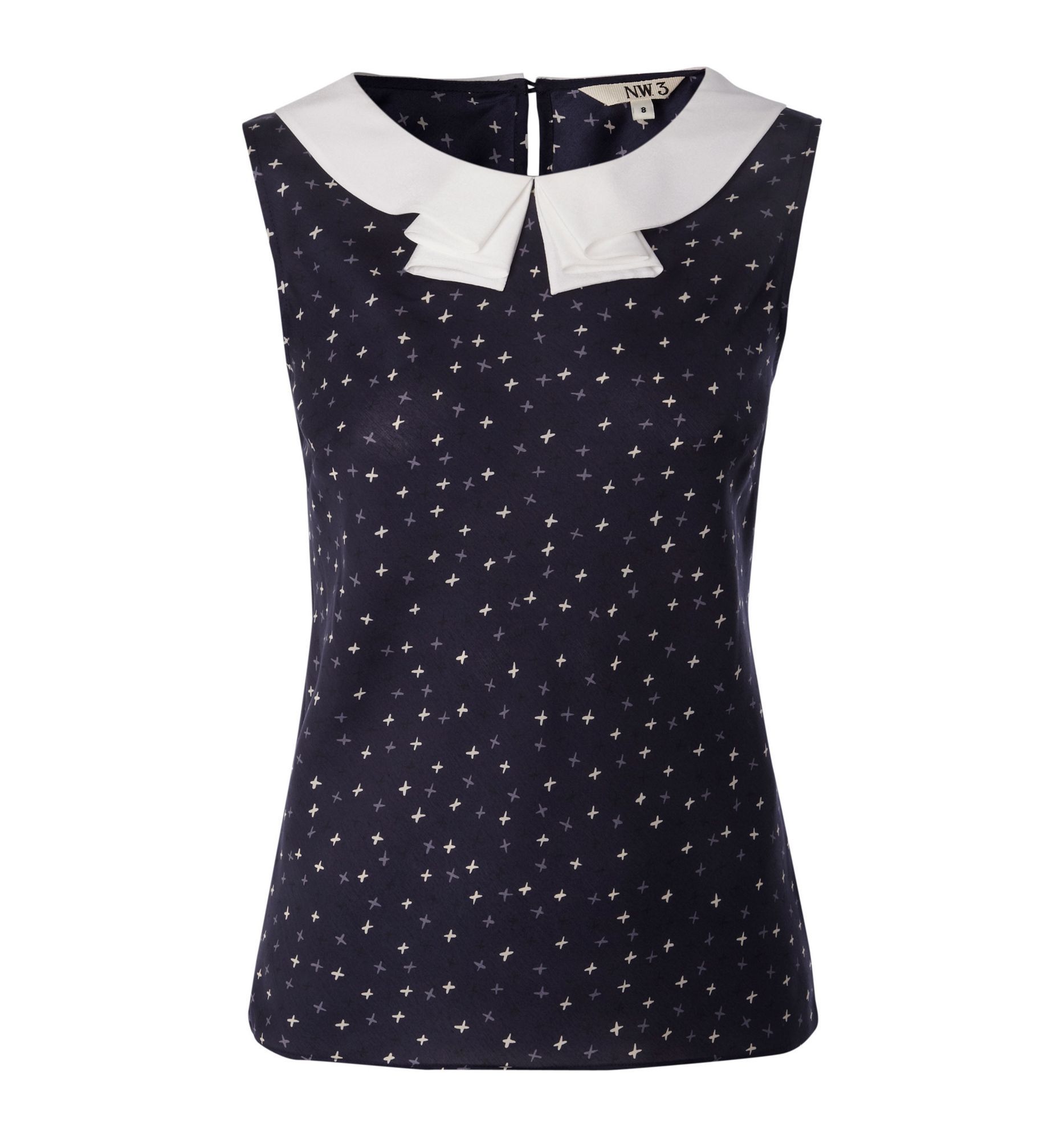 Women's Kisses Blouses, Navy - neckline: round neck; pattern: lightly patterned, polka dot, graphic print, patterned/print; sleeve style: sleeveless; waist detail: fitted waist; style: blouse; predominant colour: navy; occasions: casual, evening, work; length: standard; fibres: polyester/polyamide - 100%; material texture: chiffon; fit: tailored/fitted; trends: prints; sleeve length: sleeveless; texture group: sheer fabrics/chiffon/organza etc.; pattern type: fabric; pattern size: small & light