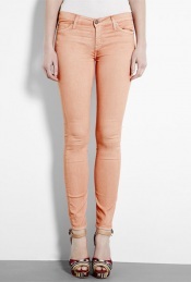 Peach Skinny Jean - style: skinny leg; length: standard; pattern: plain; pocket detail: pockets at the sides, traditional 5 pocket; waist: mid/regular rise; predominant colour: coral; occasions: casual; fibres: cotton - stretch; material texture: denim; trends: pastels; texture group: denim; pattern type: fabric; pattern size: standard