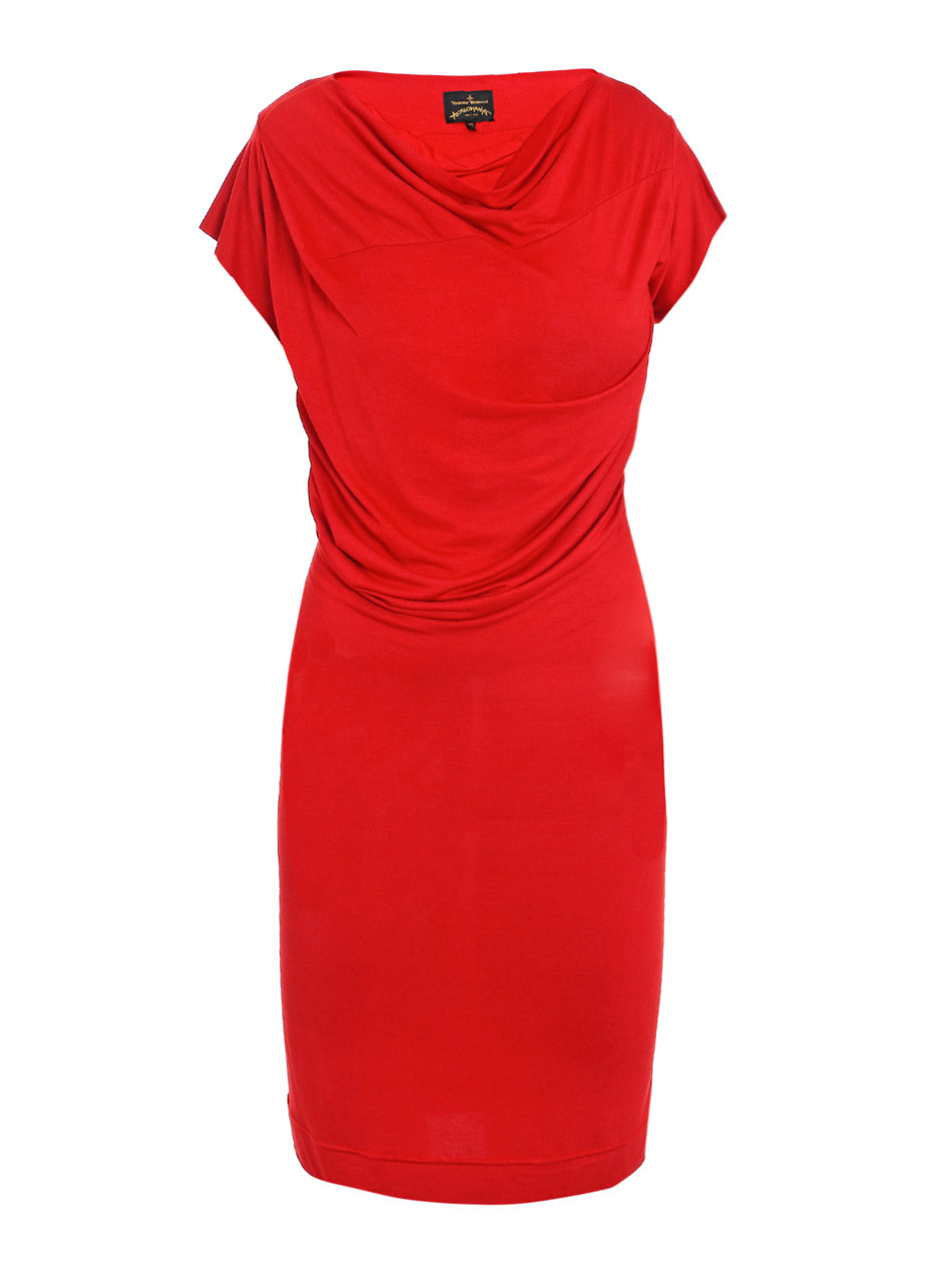 Boudicca Drape Jersey Dress - style: shift; neckline: cowl/draped neck; pattern: plain; waist detail: twist front waist detail/nipped in at waist on one side/soft pleats/draping/ruching/gathering waist detail; hip detail: fitted at hip, soft pleats at hip/draping at hip/flared at hip; bust detail: ruching/gathering/draping/layers/pintuck pleats at bust; predominant colour: true red; occasions: evening, occasion; length: just above the knee; fit: body skimming; fibres: polyester/polyamide - stretch; material texture: jersey; sleeve length: short sleeve; sleeve style: standard; pattern type: fabric; pattern size: standard; texture group: jersey - stretchy/drapey