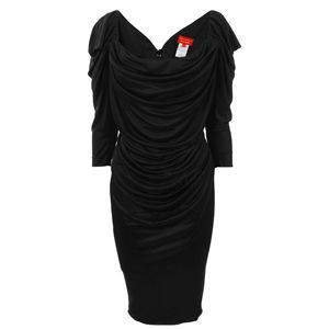 Glaze Jersey Three Quarter Sleeve Dress - style: shift; neckline: cowl/draped neck; fit: tailored/fitted; pattern: plain; back detail: low cut/open back; waist detail: twist front waist detail/nipped in at waist on one side/soft pleats/draping/ruching/gathering waist detail; bust detail: ruching/gathering/draping/layers/pintuck pleats at bust; predominant colour: black; occasions: evening; length: on the knee; fibres: polyester/polyamide - 100%; material texture: jersey; sleeve length: 3/4 length; sleeve style: standard; pattern type: fabric; pattern size: standard; texture group: jersey - stretchy/drapey