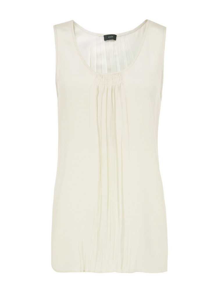Bertille Ecru Crepe De Chine Top - neckline: round neck; pattern: plain; sleeve style: sleeveless; bust detail: ruching/gathering/draping/layers/pintuck pleats at bust; predominant colour: ivory; occasions: casual, work, occasion; length: standard; style: top; fibres: silk - 100%; material texture: sateen; fit: body skimming; trends: white; sleeve length: sleeveless; texture group: structured shiny - satin/tafetta/silk etc.; pattern type: fabric; pattern size: standard