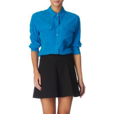 Signature Shirt - neckline: shirt collar/peter pan/zip with opening; pattern: plain; bust detail: added detail/embellishment at bust, buttons at bust (in middle at breastbone)/zip detail at bust; style: shirt; predominant colour: royal blue; occasions: casual, work; length: standard; fibres: silk - 100%; material texture: satin; fit: loose; trends: aquatic, brights; sleeve length: long sleeve; sleeve style: standard; texture group: structured shiny - satin/tafetta/silk etc.; pattern type: fabric; pattern size: standard