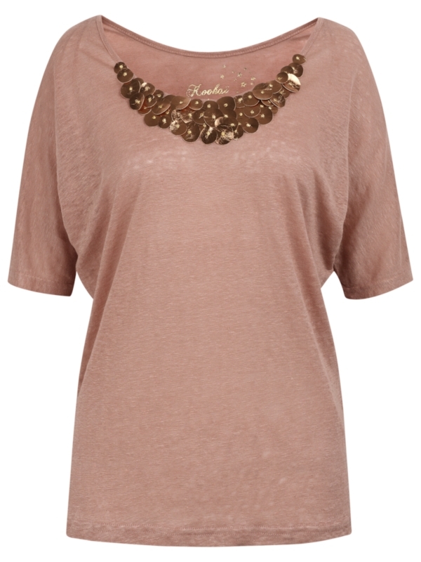 Embellished Collar Linen Top, Dusty Pink - sleeve style: dolman/batwing; bust detail: added detail/embellishment at bust; predominant colour: blush; occasions: casual, evening, work; length: standard; style: top; neckline: scoop; fibres: linen - 100%; material texture: jersey; fit: body skimming; pattern type: fabric; pattern size: standard; texture group: jersey - stretchy/drapey; embellishment: sequins