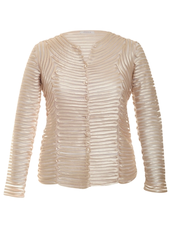Champagne Shrug, Champagne - neckline: round neck; pattern: plain, horizontal stripes; style: bolero/shrug; shoulder detail: shoulder pads; bust detail: buttons at bust (in middle at breastbone)/zip detail at bust; predominant colour: champagne; occasions: evening, occasion; length: standard; fibres: nylon - 100%; material texture: metallic; fit: standard fit; trends: pastels, aquatic; sleeve length: long sleeve; sleeve style: standard; pattern type: knitted - other; pattern size: standard