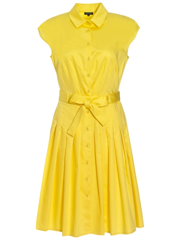 Pleated Shirt Dress, Yellow - style: shirt; neckline: shirt collar/peter pan/zip with opening; sleeve style: capped; fit: fitted at waist; pattern: plain; waist detail: fitted waist, belted waist/tie at waist/drawstring; bust detail: buttons at bust (in middle at breastbone)/zip detail at bust; predominant colour: yellow; occasions: casual, work, occasion; length: on the knee; fibres: cotton - 100%; material texture: chiffon; hip detail: structured pleats at hip, soft pleats at hip/draping at hip/flared at hip; trends: brights; sleeve length: short sleeve; texture group: sheer fabrics/chiffon/organza etc.; pattern type: fabric; pattern size: standard