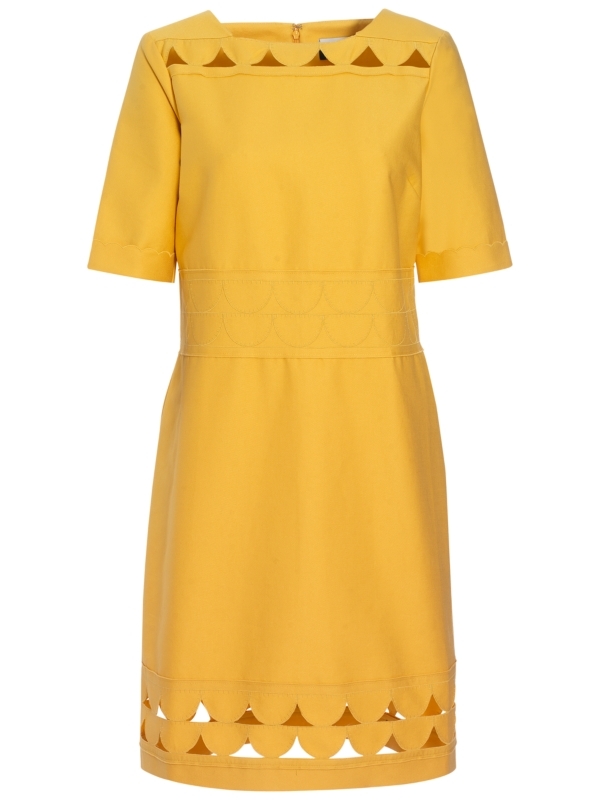 Crescent Cut Out Dress, Yellow - style: shift; neckline: round neck; fit: tailored/fitted; pattern: plain; waist detail: fitted waist, wide waistband/cummerbund, embellishment at waist/feature waistband; predominant colour: yellow; occasions: casual, evening, work, occasion; length: just above the knee; fibres: cotton - mix; material texture: sateen; trends: brights; sleeve length: half sleeve; sleeve style: standard; texture group: structured shiny - satin/tafetta/silk etc.; pattern type: fabric; pattern size: standard