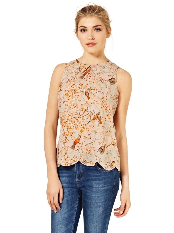 Bird Print Shell Top, Multi - neckline: round neck; sleeve style: sleeveless; pattern: print, picture design, patterned/print; waist detail: fitted waist; predominant colour: stone; occasions: casual, evening, work; length: standard; style: top; fibres: polyester/polyamide - 100%; material texture: chiffon; fit: body skimming; hip detail: added detail/embellishment at hip; back detail: embellishment at back; trends: prints; sleeve length: sleeveless; texture group: sheer fabrics/chiffon/organza etc.; pattern type: fabric; pattern size: standard