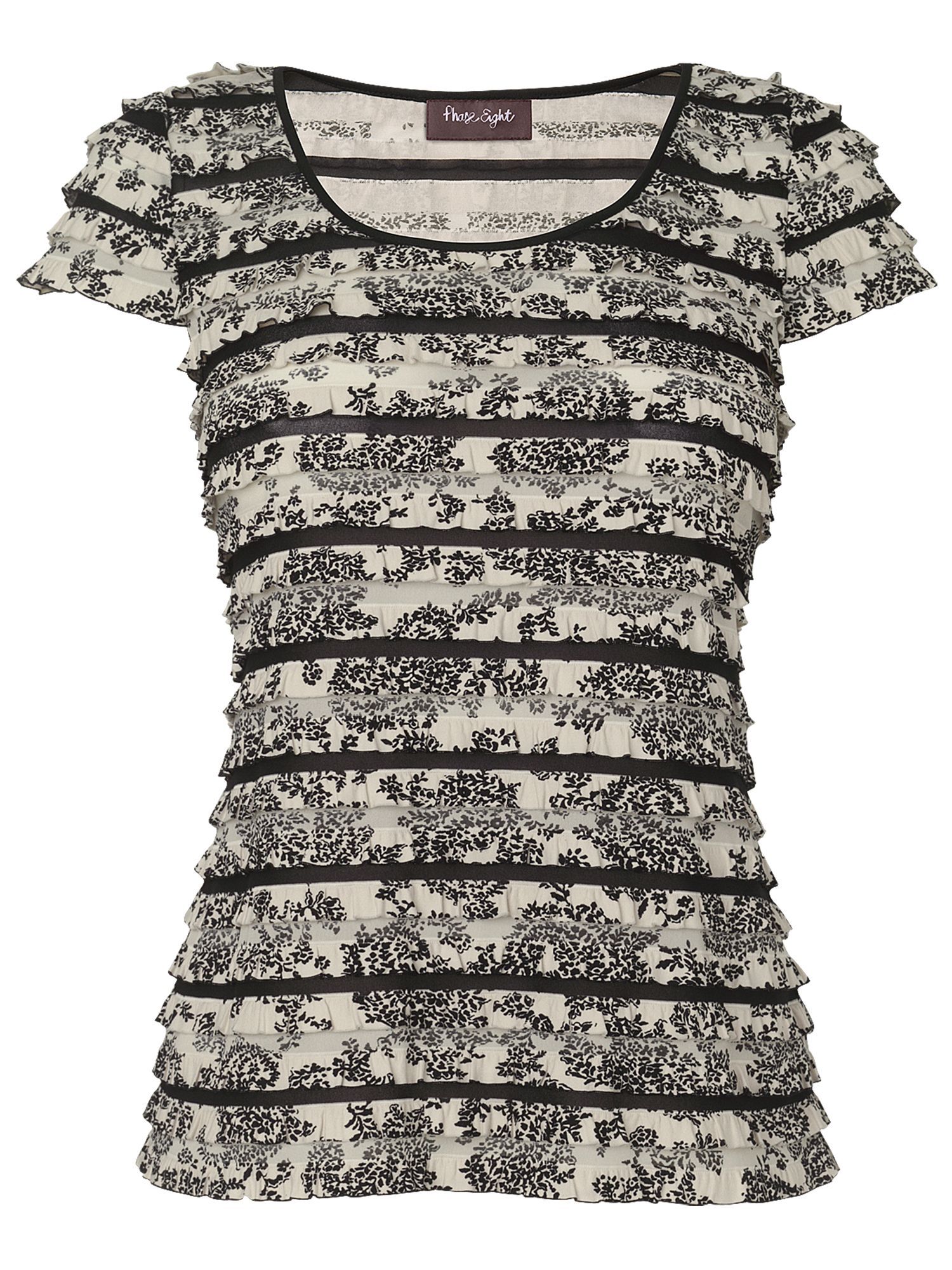 Women's Clement Printed Frill Top, Black - neckline: round neck; pattern: horizontal stripes, floral - busy, print, florals, patterned/print; waist detail: fitted waist, twist front waist detail/nipped in at waist on one side/soft pleats/draping/ruching/gathering waist detail; bust detail: ruching/gathering/draping/layers/pintuck pleats at bust; predominant colour: black; occasions: casual, evening, work; length: standard; style: top; fibres: polyester/polyamide - stretch; material texture: chiffon; fit: tailored/fitted; hip detail: ruching/gathering at hip; trends: prints; sleeve length: short sleeve; sleeve style: standard; texture group: sheer fabrics/chiffon/organza etc.; pattern type: fabric; pattern size: small & busy