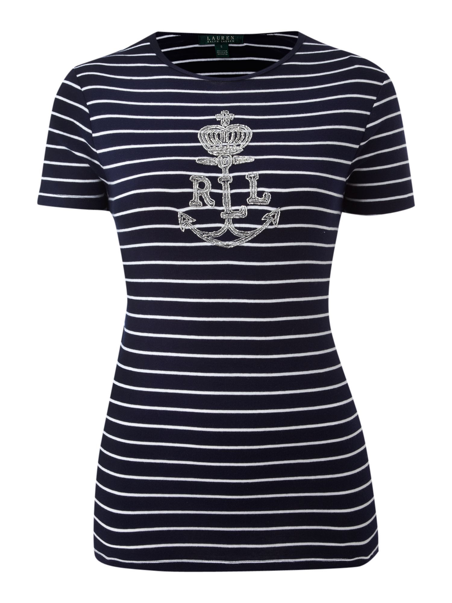 Women's Charissa Short Sleeve Top With Anchor, Navy - neckline: round neck; pattern: horizontal stripes, heavily patterned, print, picture design, patterned/print; waist detail: fitted waist; style: t-shirt; predominant colour: navy; occasions: casual; length: standard; fibres: cotton - 100%; material texture: jersey; fit: body skimming; sleeve length: short sleeve; sleeve style: standard; pattern type: fabric; pattern size: big & busy; texture group: jersey - stretchy/drapey